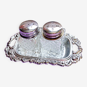 Mini salt and pepper shaker set on tray