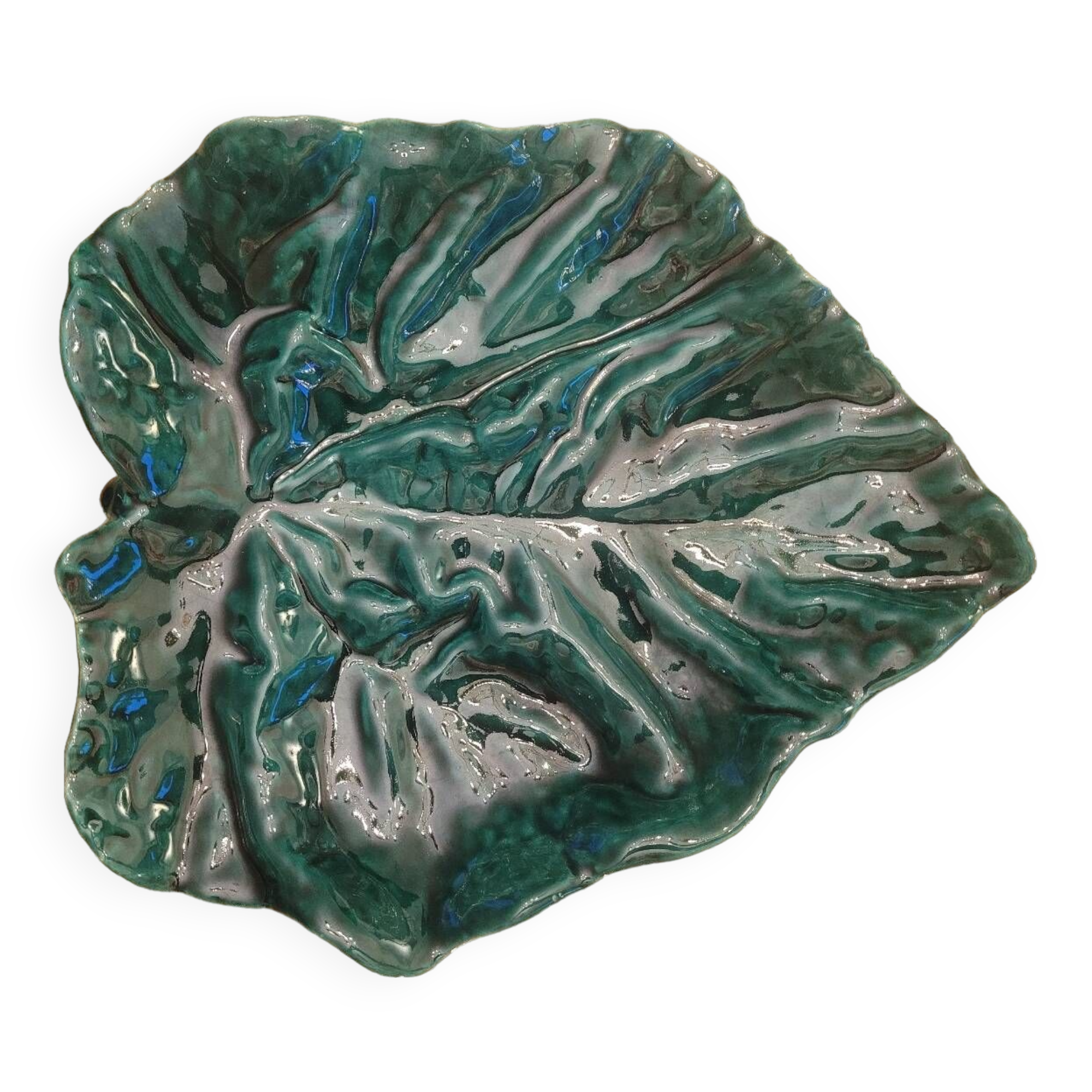 Large green enameled leaf dish