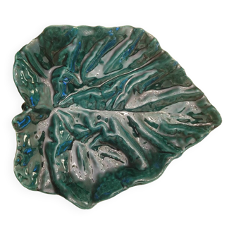 Large green enameled leaf dish