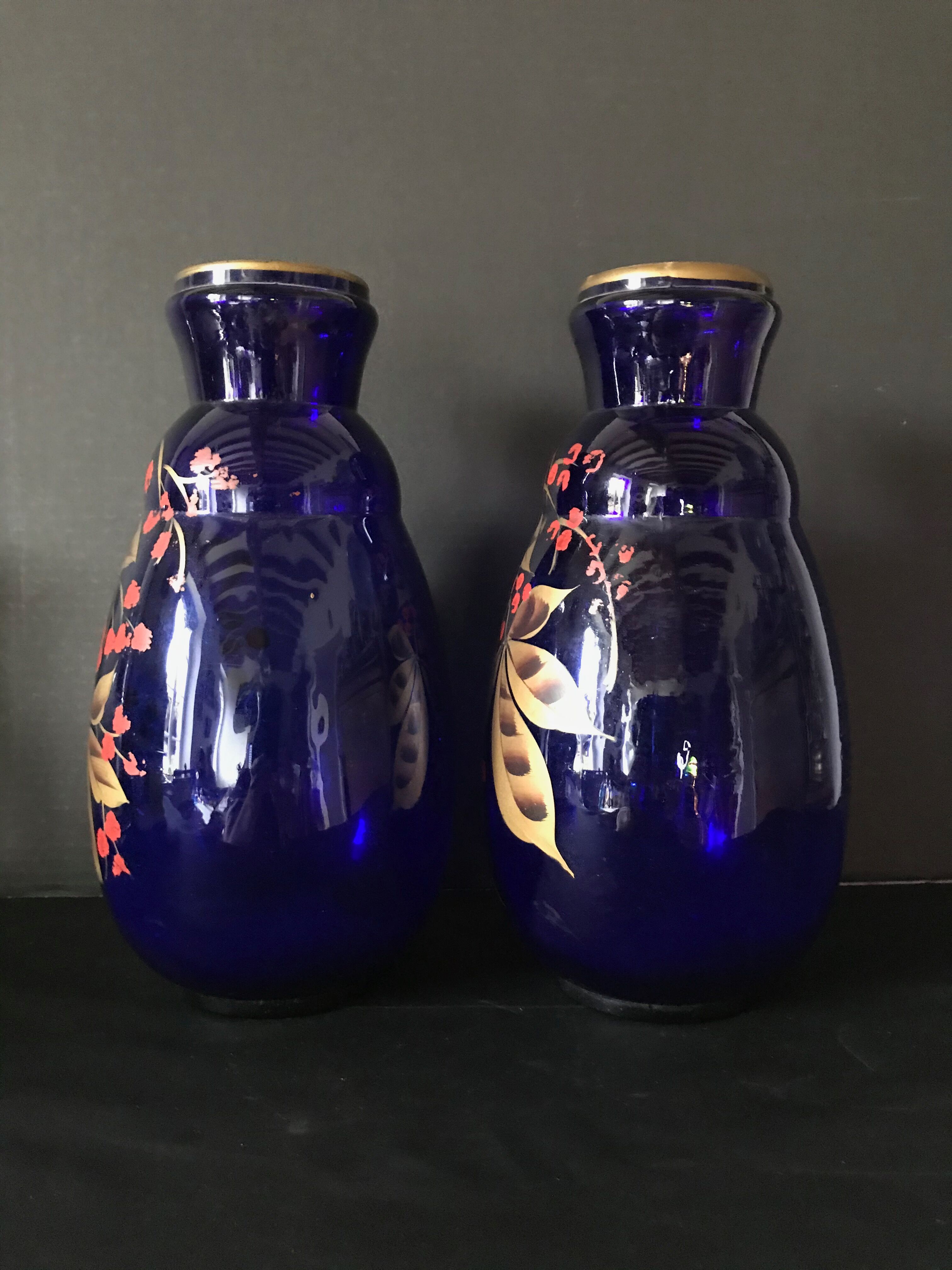 Pair of hand-painted cobalt blue glass vases