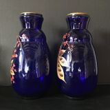 Pair of hand-painted cobalt blue glass vases