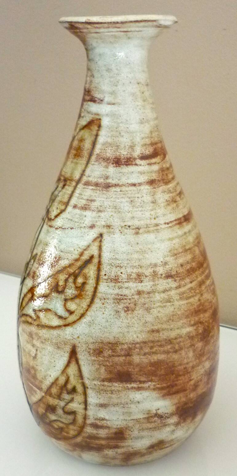 Glazed ceramic drop vase, signed Michel Argans, leaf decoration