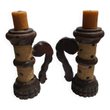 Duo of Wooden Candle Holders with Brutalist-Style Rope Decor