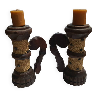 Duo de Bougeoirs Bois avec Décor en Corde Esprit Brutaliste
