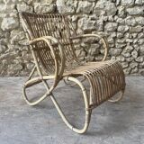 Ensemble table basse et fauteuils en roseau - années 50