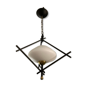 Ancienne suspension opaline et metal maison Lunel