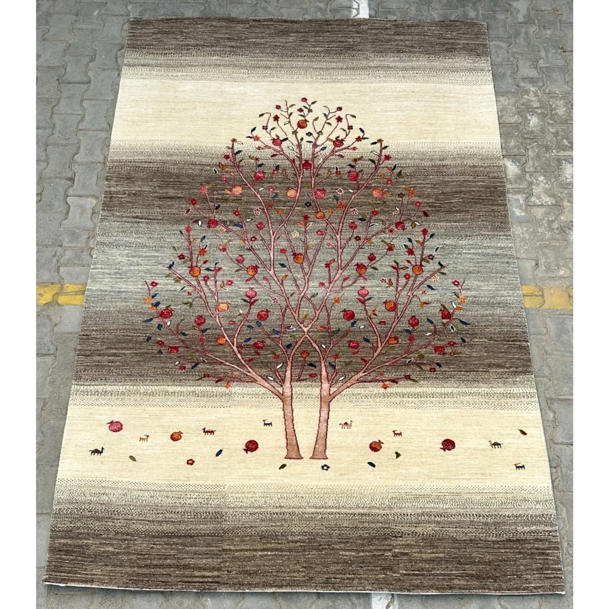 Hand-Knotted Wool Area Rug for Living Room, Tree Design Beige and Brown Carpet