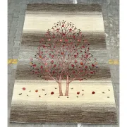 Hand-Knotted Wool Area Rug for Living Room, Tree Design Beige and Brown Carpet