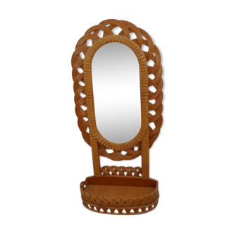 Miroir rotin vintage avec étagère