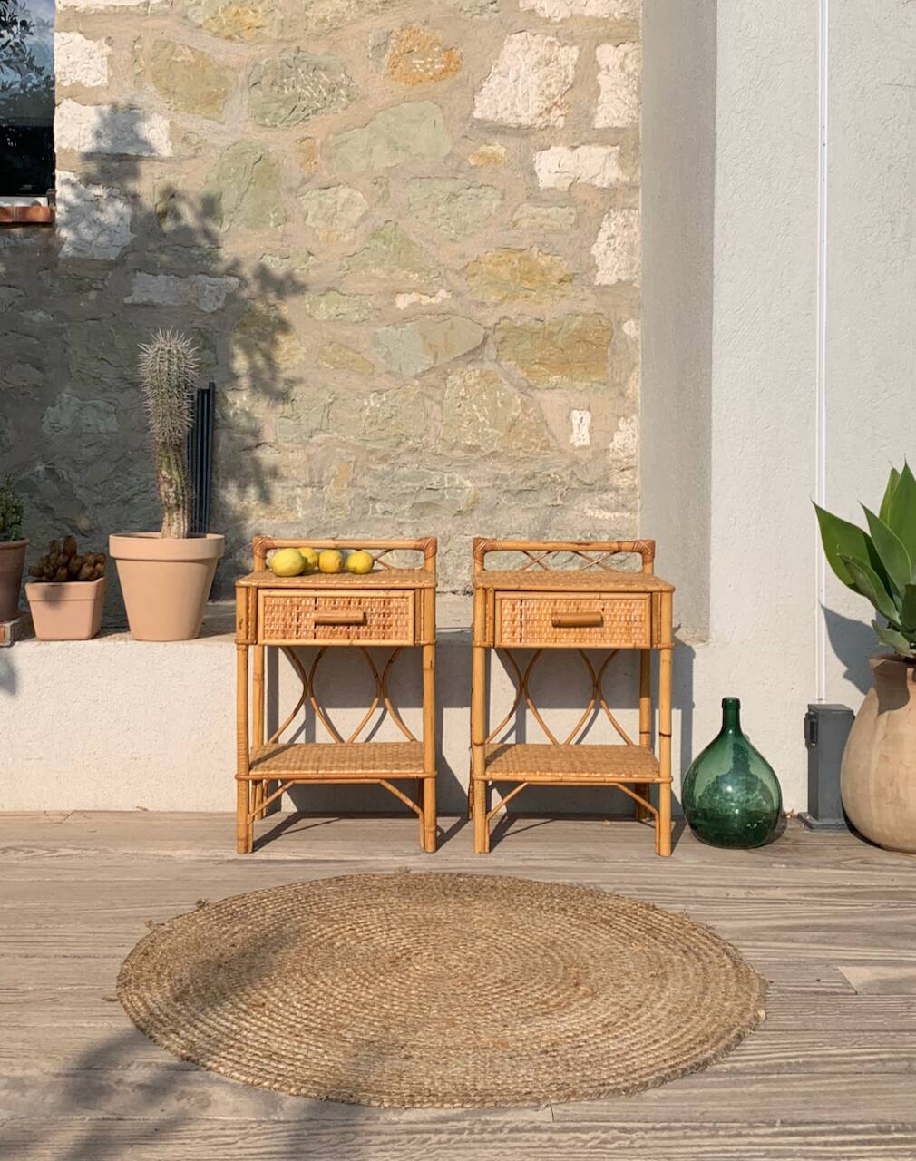 Paire de chevets rotin vintage