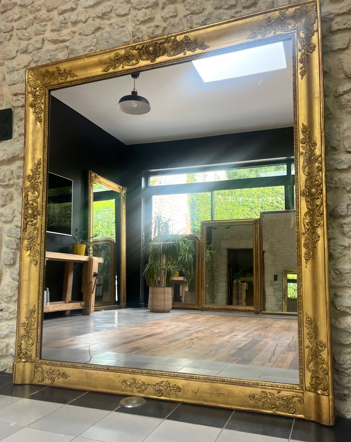 Antique fireplace mirror 144.5cm/131.5cm gold leaf and mercury