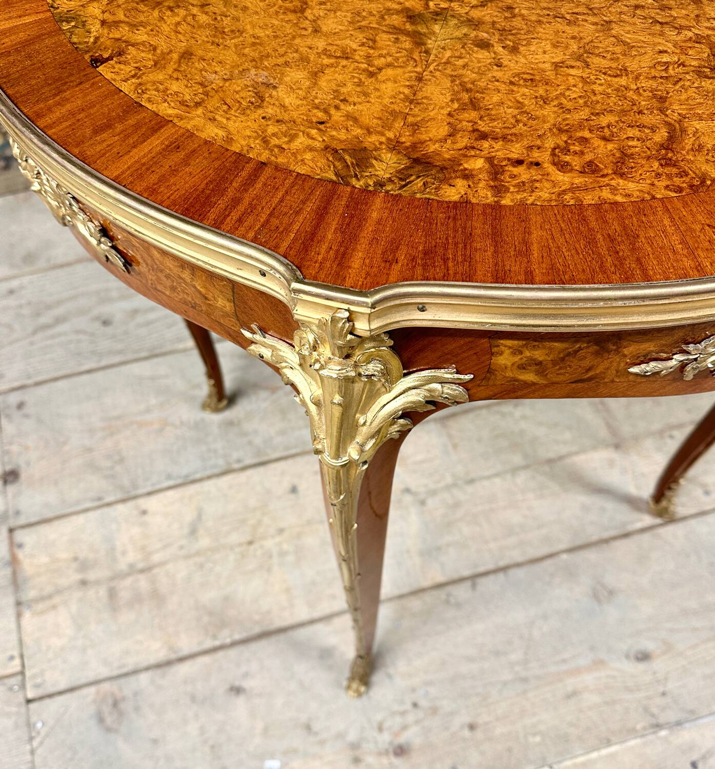 Pedestal table in marquetry and gilded bronzes, louis xv style, napoleon iii period