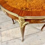 Pedestal table in marquetry and gilded bronzes, louis xv style, napoleon iii period