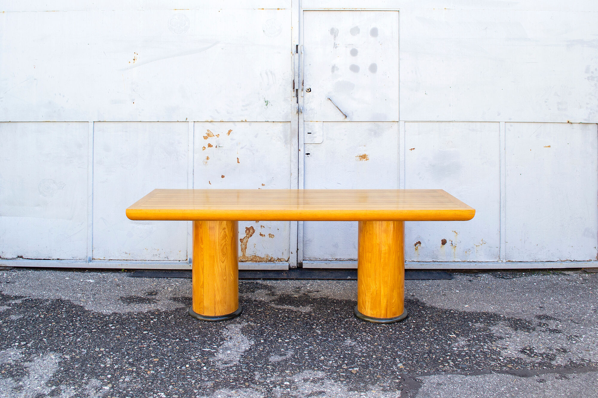 Beech table with striped decoration Italy 70s