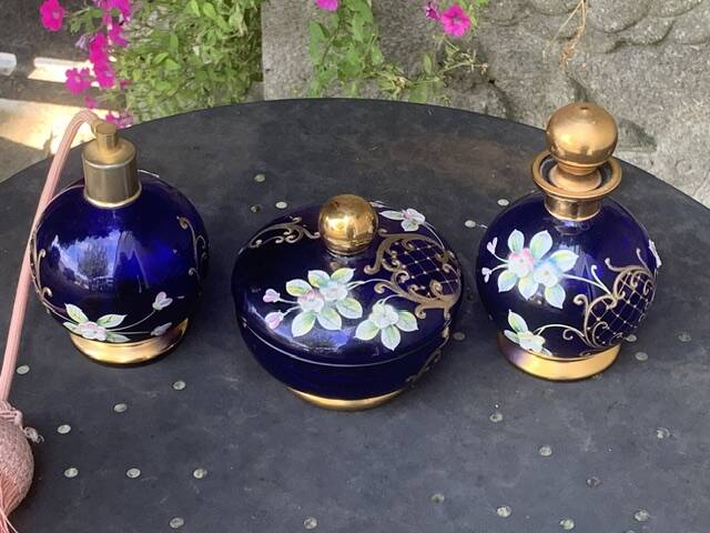 Perfume bottles, in hand-painted blue Bohemian crystal, antique.