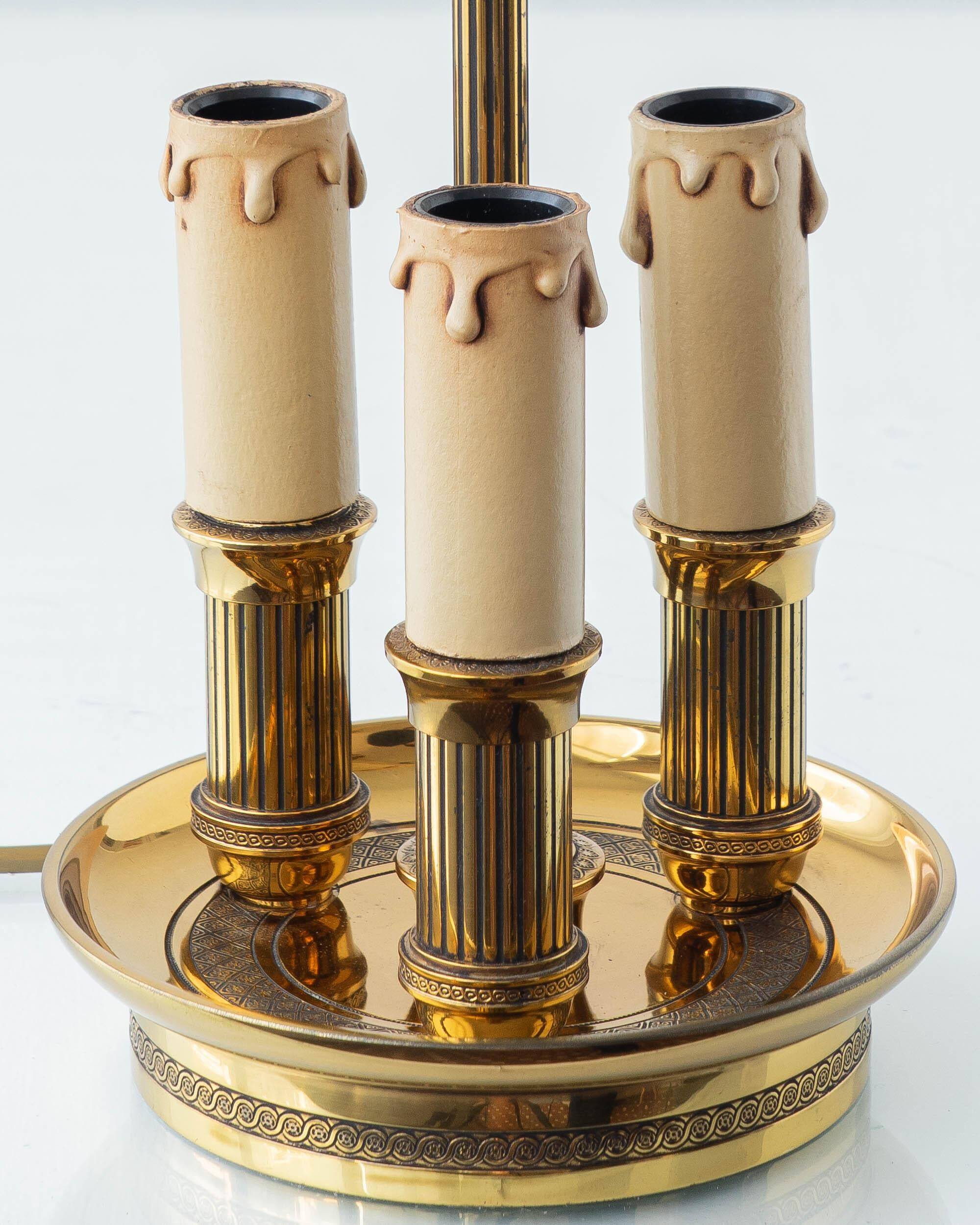 French Empire Bouillotte Lamp with Three Lights in Brass and a Gold-Plated Tin Shade with Laurel Design