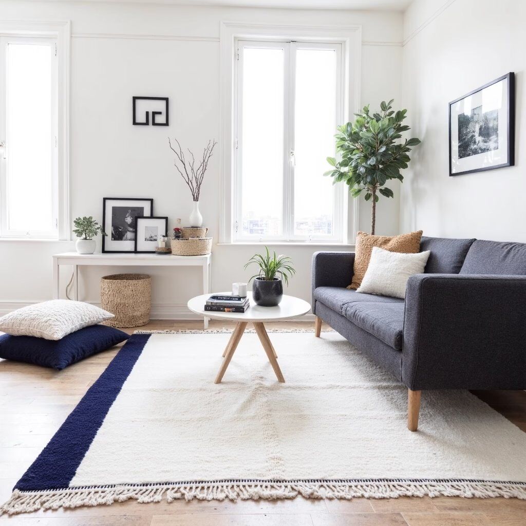 Minimalist Navy Wool Rug — Design with Greek Border