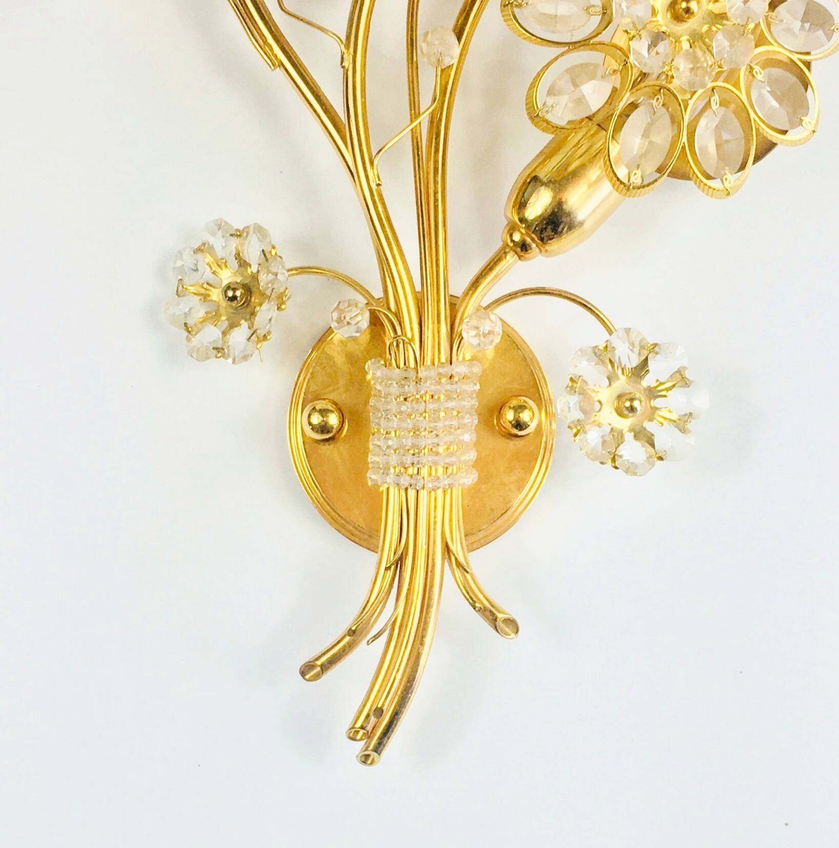 Pair of Extra Large Mid Century Gilt Brass & Crystal Flower Shape Wall Lights from Palwa, Germany