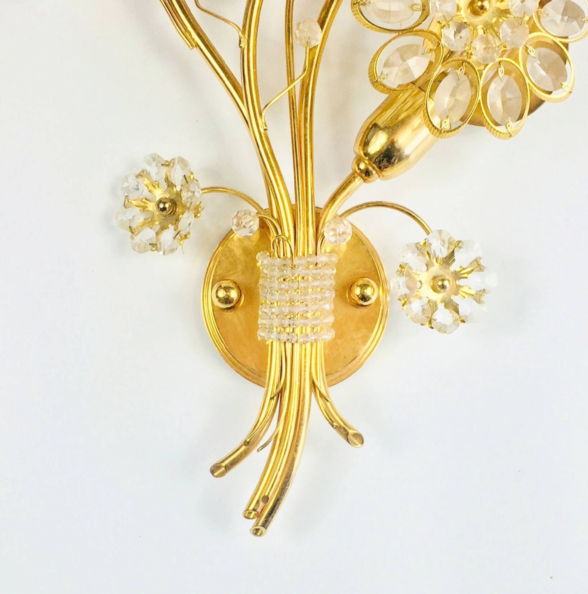 Pair of Extra Large Mid Century Gilt Brass & Crystal Flower Shape Wall Lights from Palwa, Germany