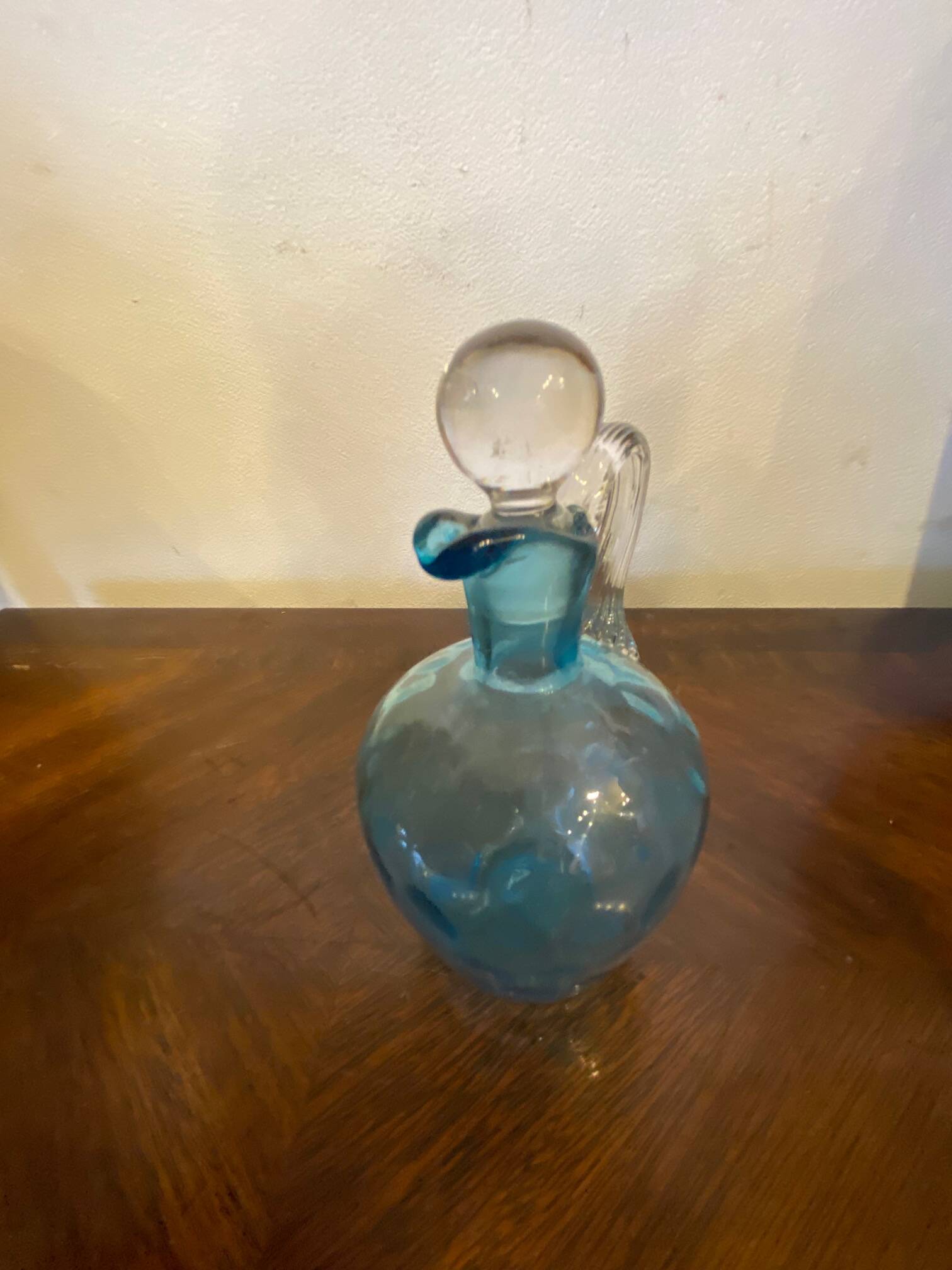 Night carafe in blue tones waffle glass with cabochon early 20th century