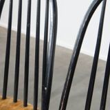 Set of 4 vintage wooden design chairs with black spindle backrest and brown seat