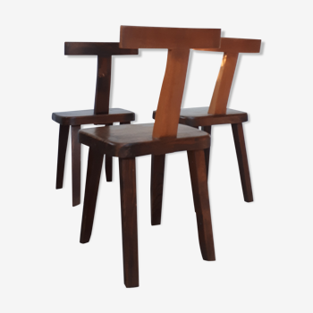Set de 3 chaises T art brutaliste des années 60
