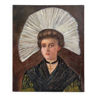 Peinture ancienne huile sur toile portrait de femme en costume traditionnel