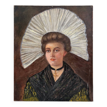Peinture ancienne huile sur toile portrait de femme en costume traditionnel