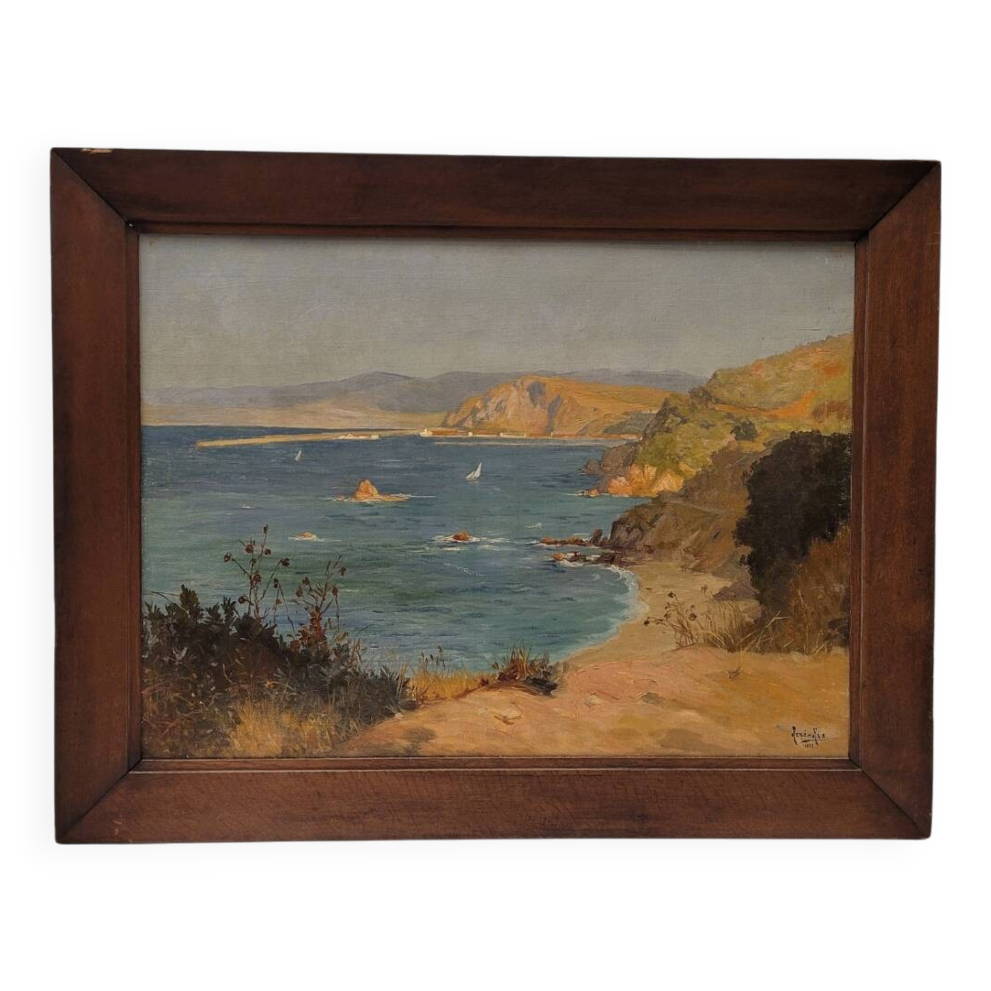 Oil on the cartoon “Vista de la costa de Villefranche”, Rene Charles Edmond