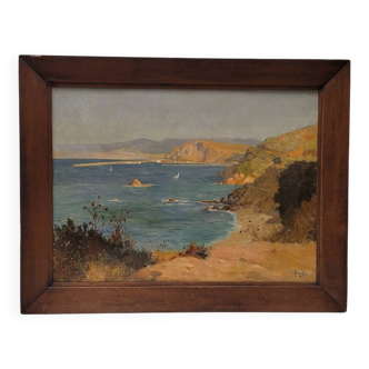 Oil on the cartoon “Vista de la costa de Villefranche”, Rene Charles Edmond