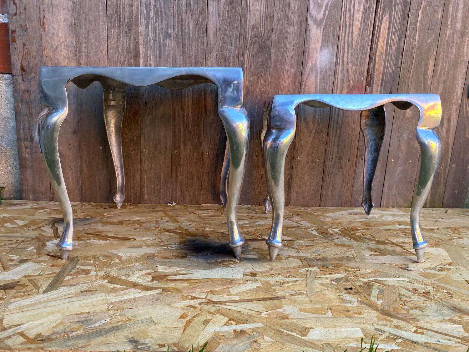 Pair of Louis XV Style Nesting Coffee Tables in Vintage Polished Aluminum