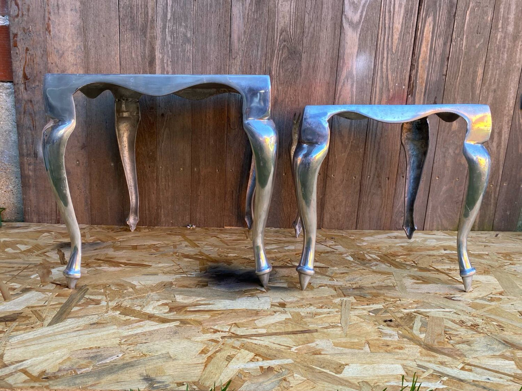 Pair of Louis XV Style Nesting Coffee Tables in Vintage Polished Aluminum