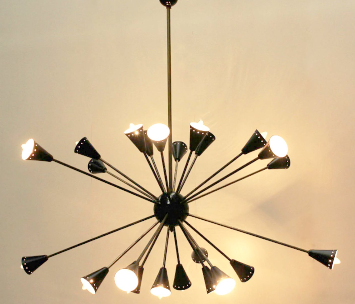 Sputnik 24 arms in black lacquered metal and brass chandelier