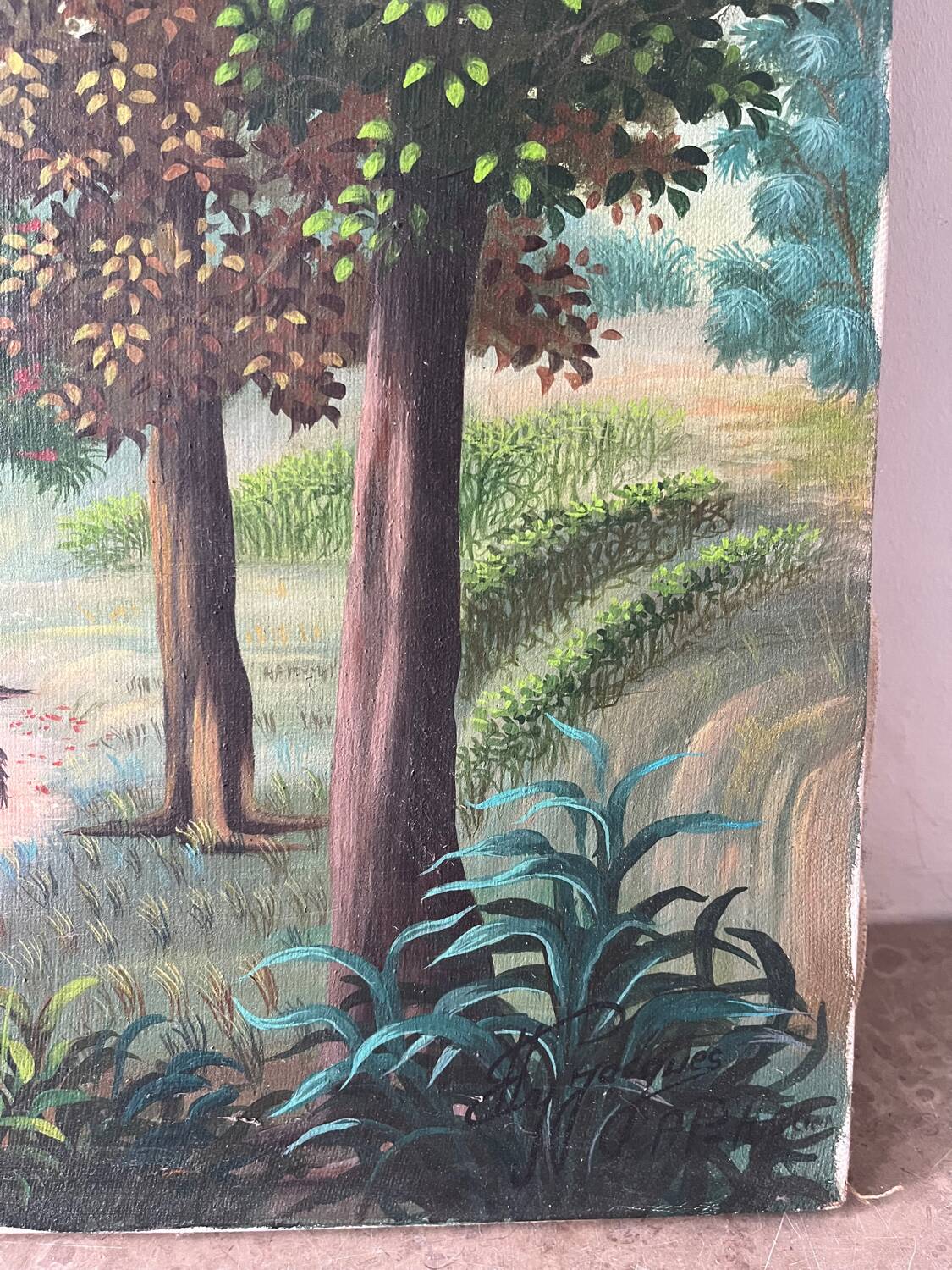 Soldiers and horses lost in the forest, signed