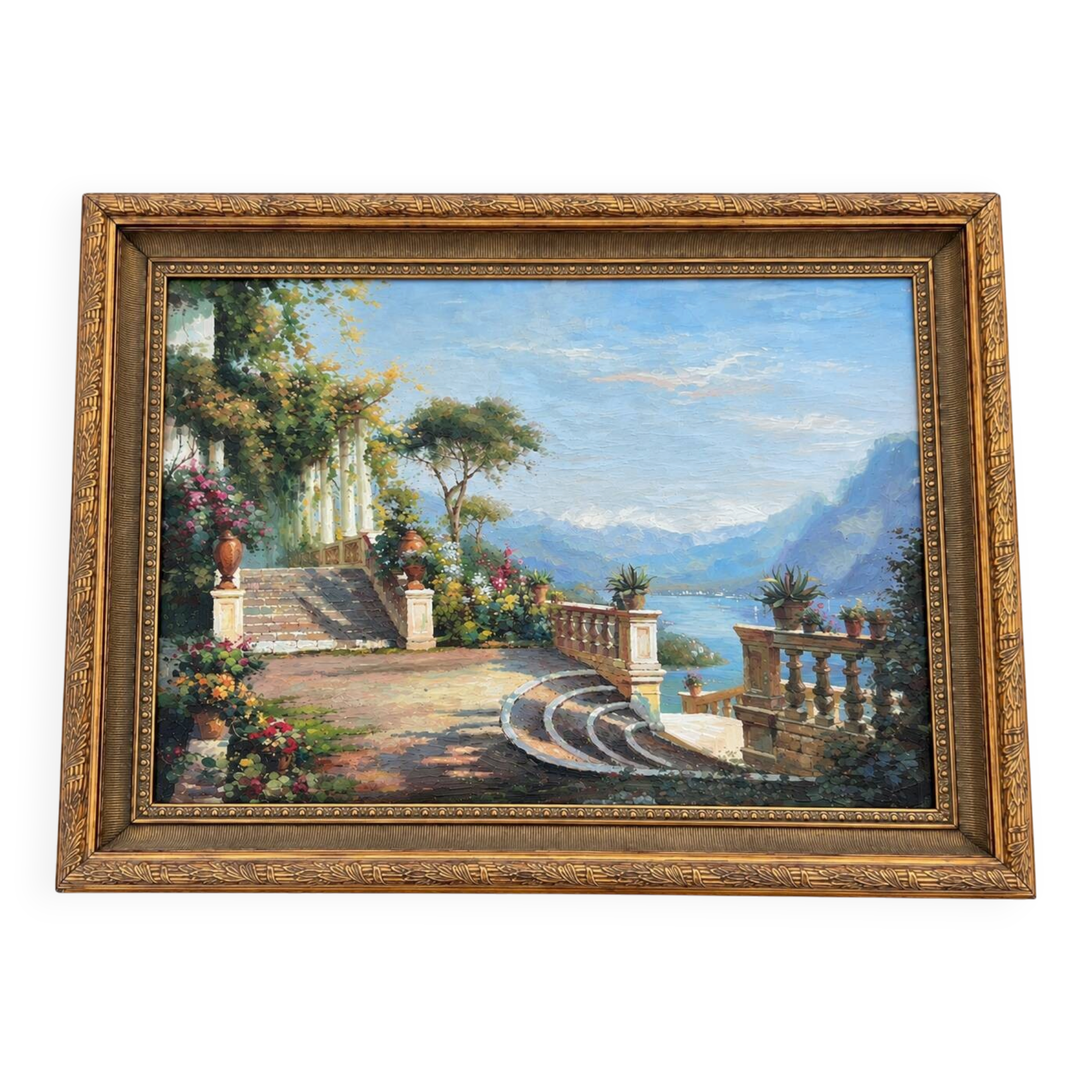 Large oil on canvas, Mediterranean terrace by the lake, signed, gilded frame.