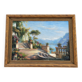 Large oil on canvas, Mediterranean terrace by the lake, signed, gilded frame.