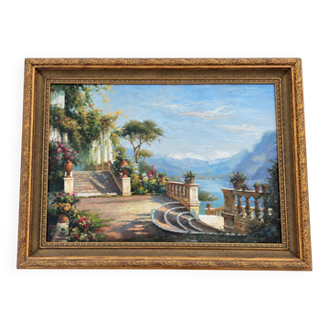 Grande huile sur toile, terrasse méditerranéenne sur lac, signée, cadre dor