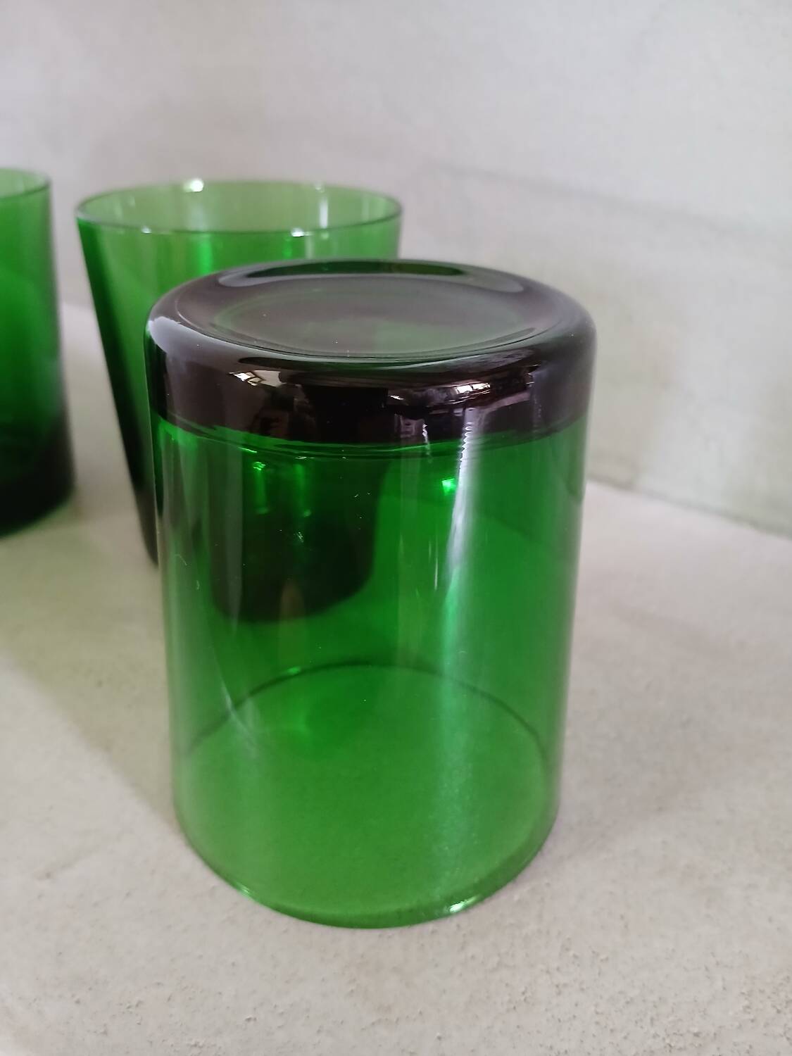 5 old green water glasses