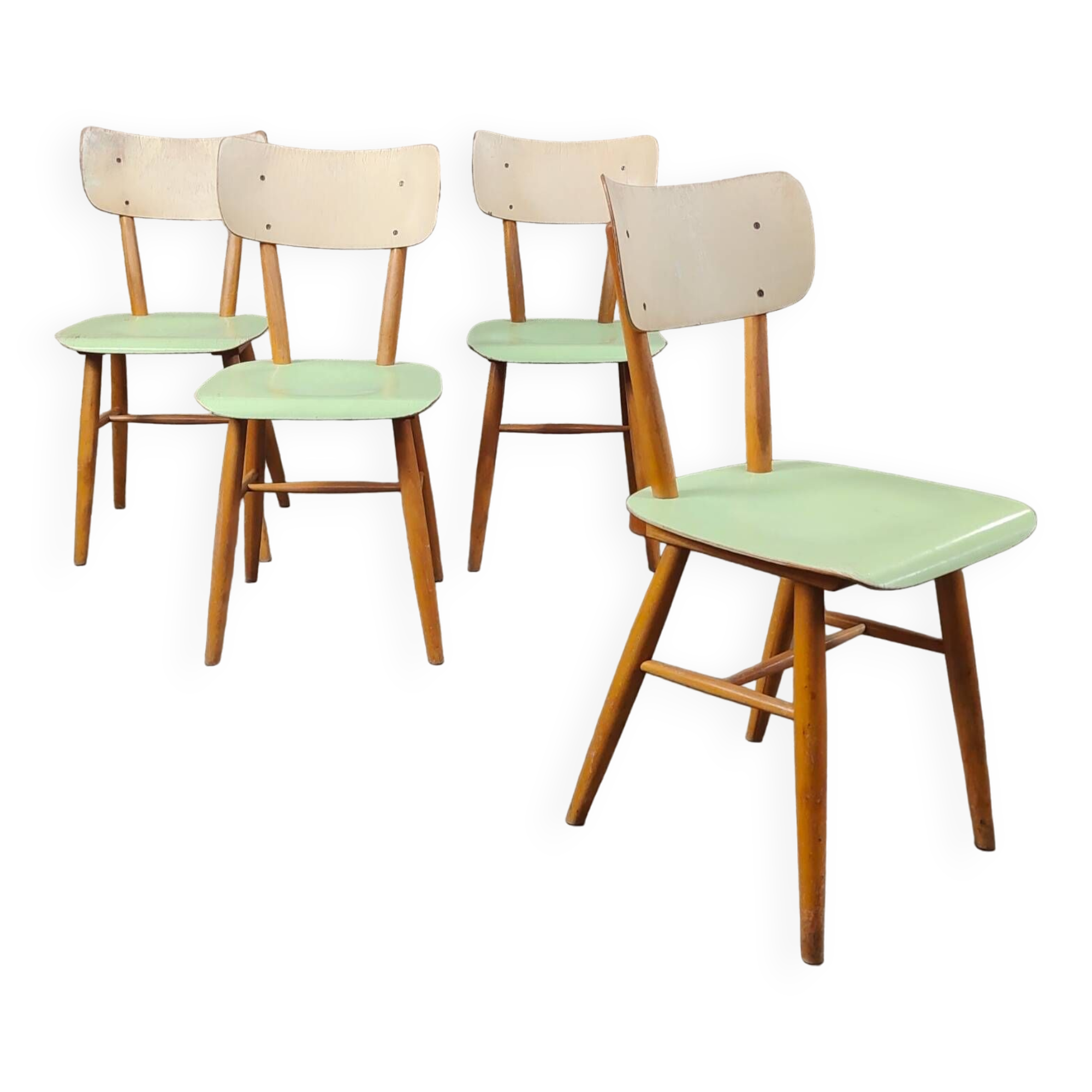 Lot de 4 chaises TON en bois , vert pastel et crème 1960