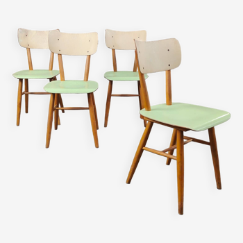 Lot de 4 chaises TON en bois , vert pastel et crème 1960
