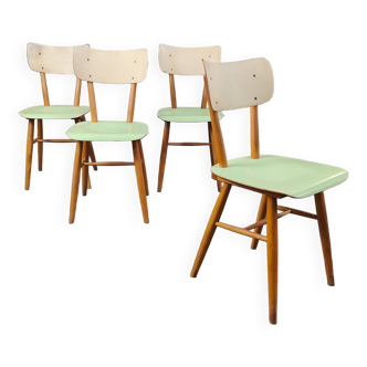 Lot de 4 chaises TON en bois , vert pastel et crème 1960