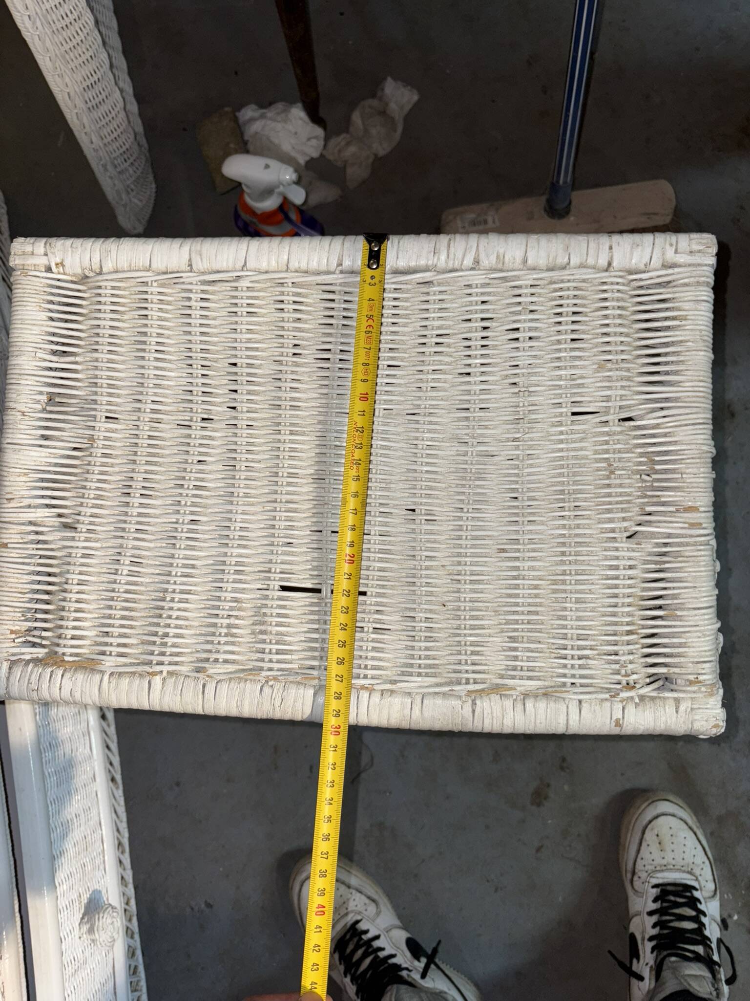 Vintage white rattan laundry basket with lid