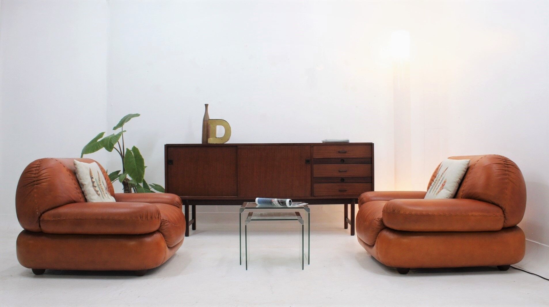Sapporo cognac leather armchairs by Girgi 1970s