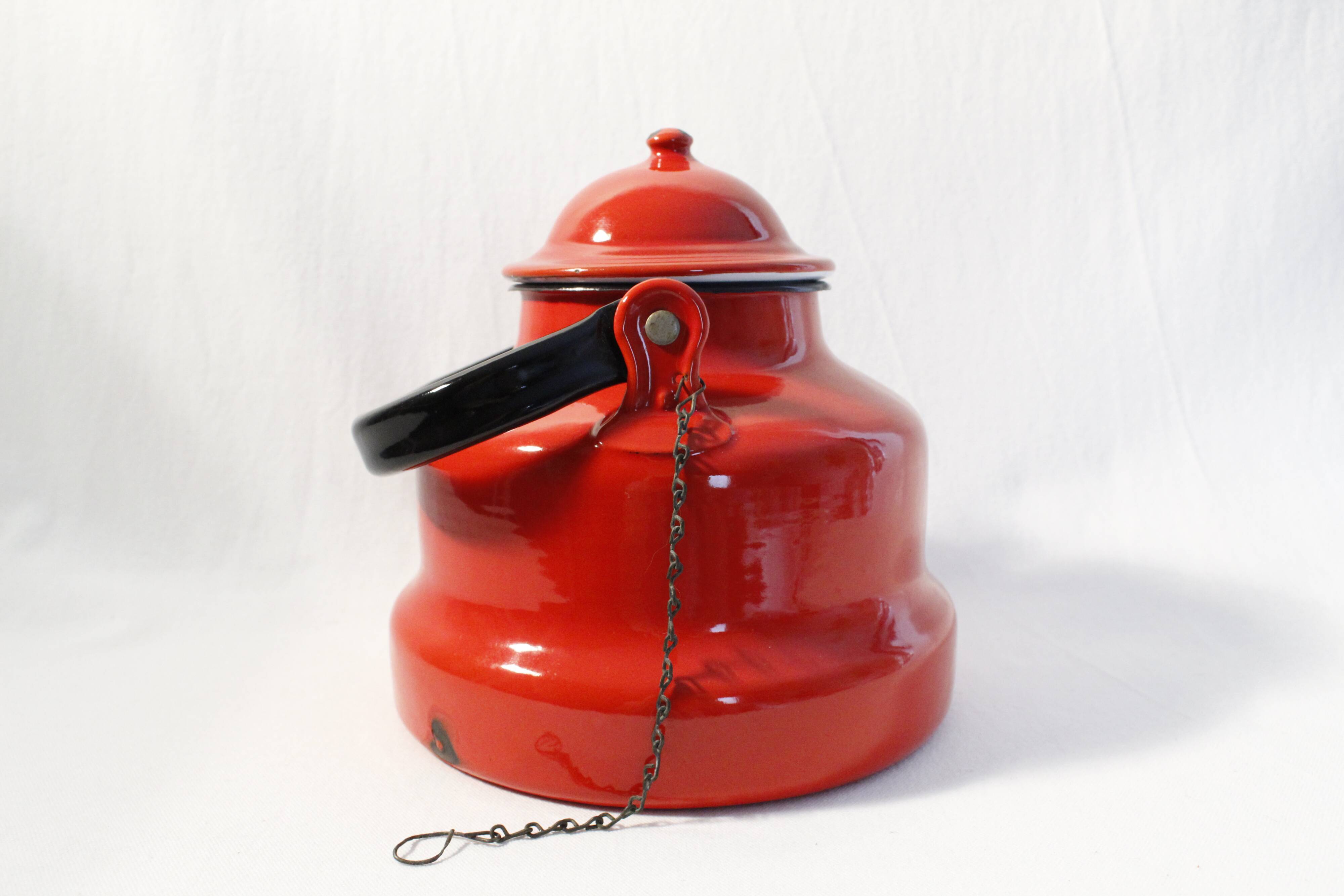 Vintage red enamelled metal kettle