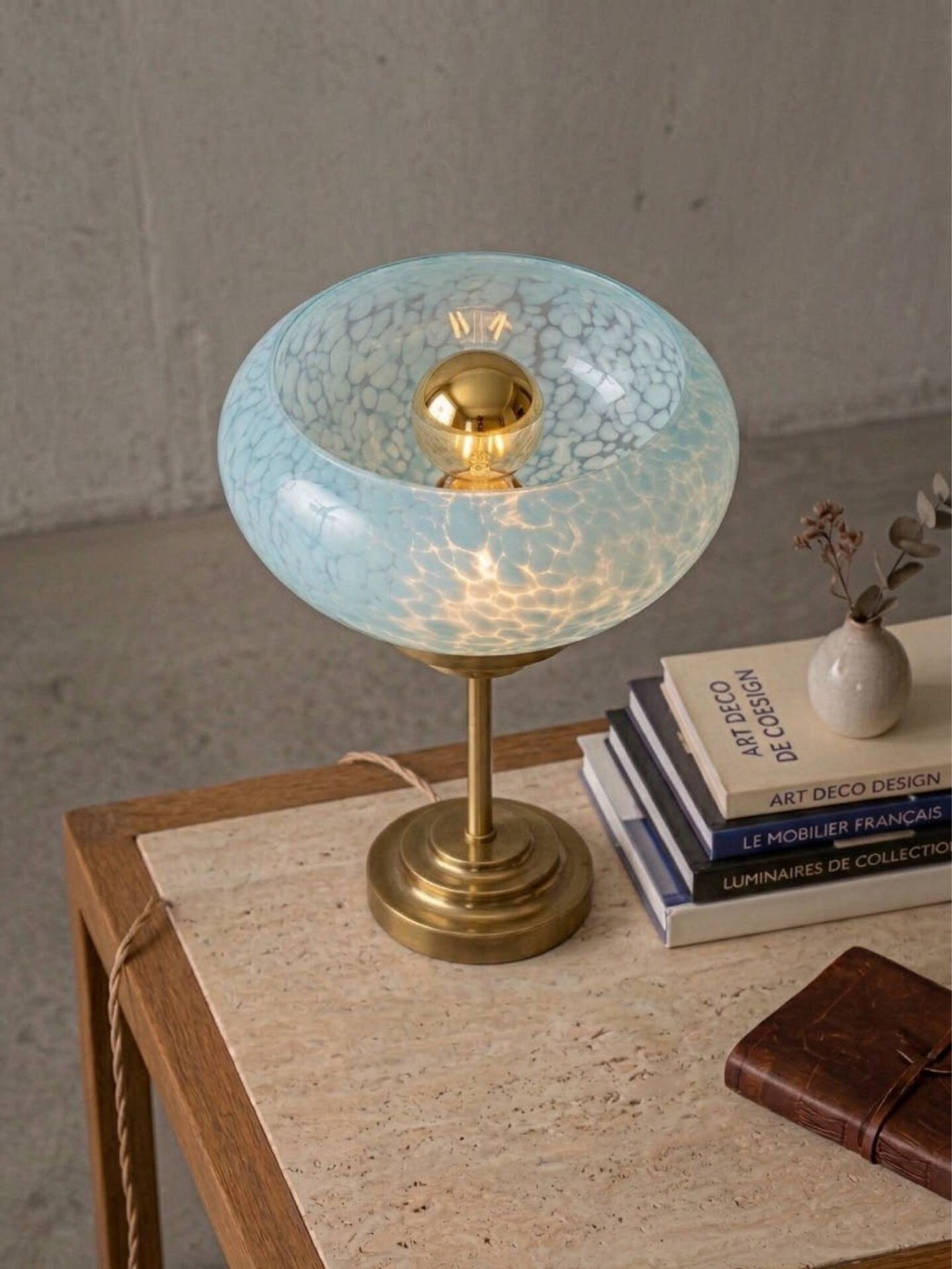 Vintage table lamp in blue Clichy glass & patinated brass