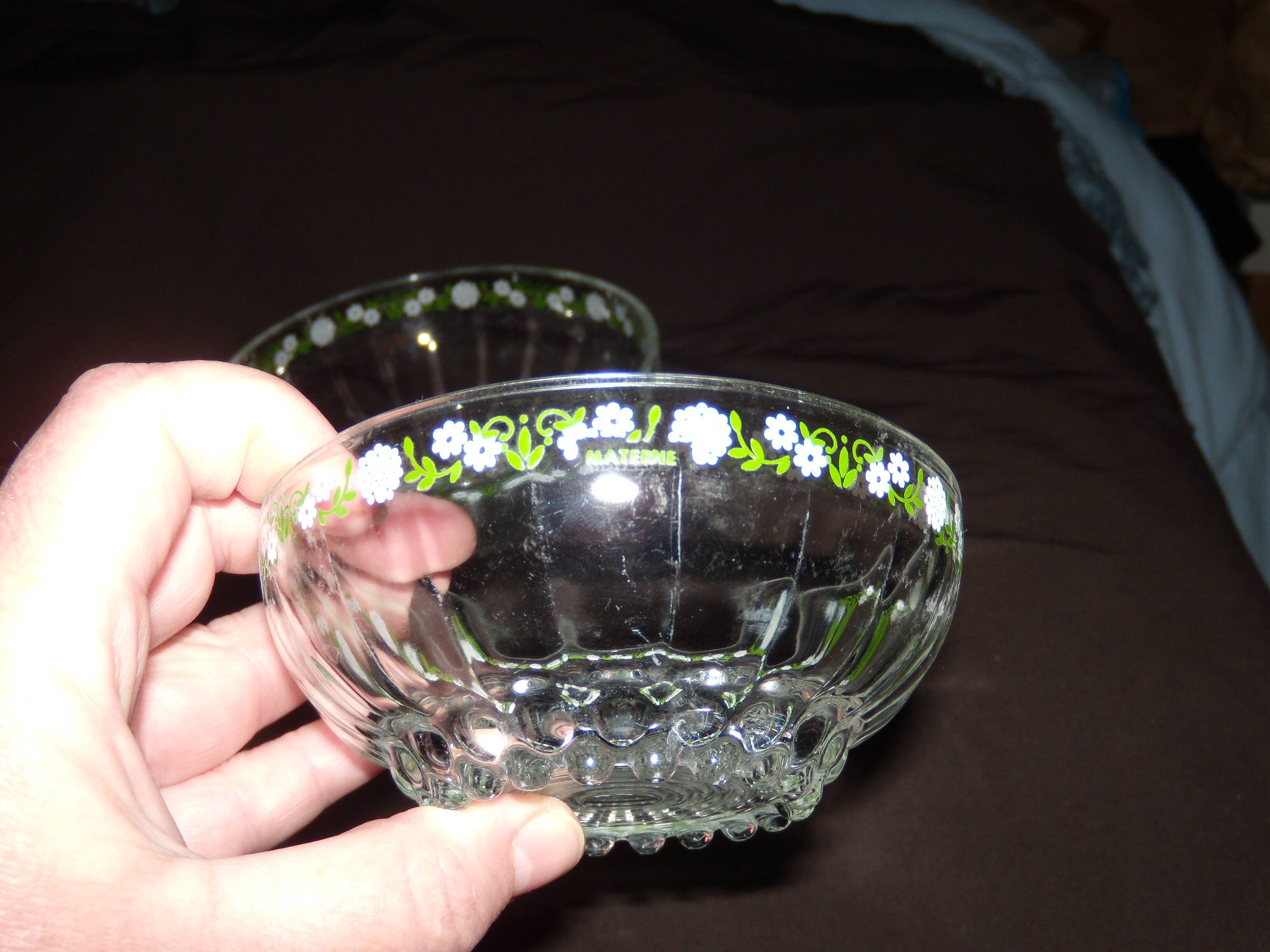 Set of 3 old glass bowls/cups decorated with small white flowers Materne rare