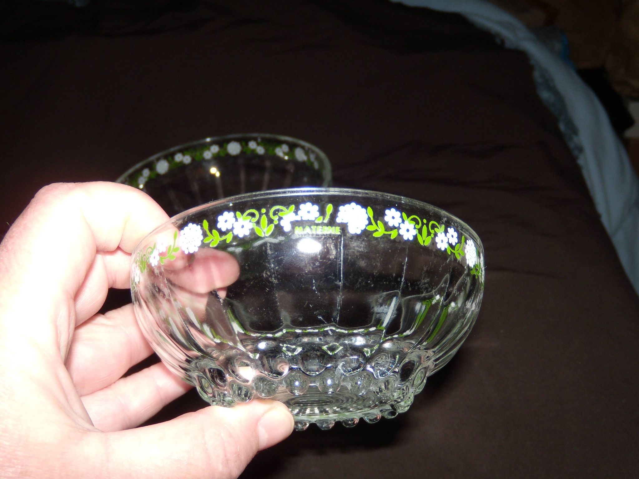 Set of 3 antique glass bowls/dishes decorated with small white flowers by Materne, rare.