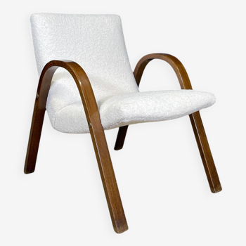 Bow wood armchair hugues steiner beech and new ecru fabric france 1950s