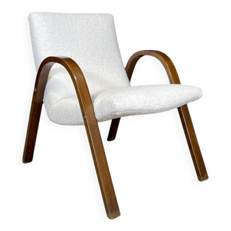 Bow wood armchair hugues steiner beech and new ecru fabric france 1950s