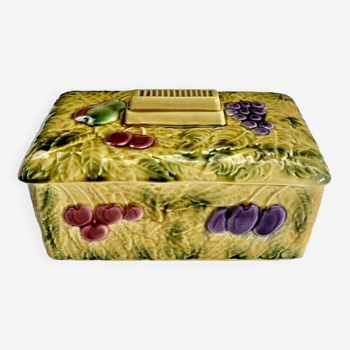 Old Art Deco sarreguemine fruit barbotine biscuit box